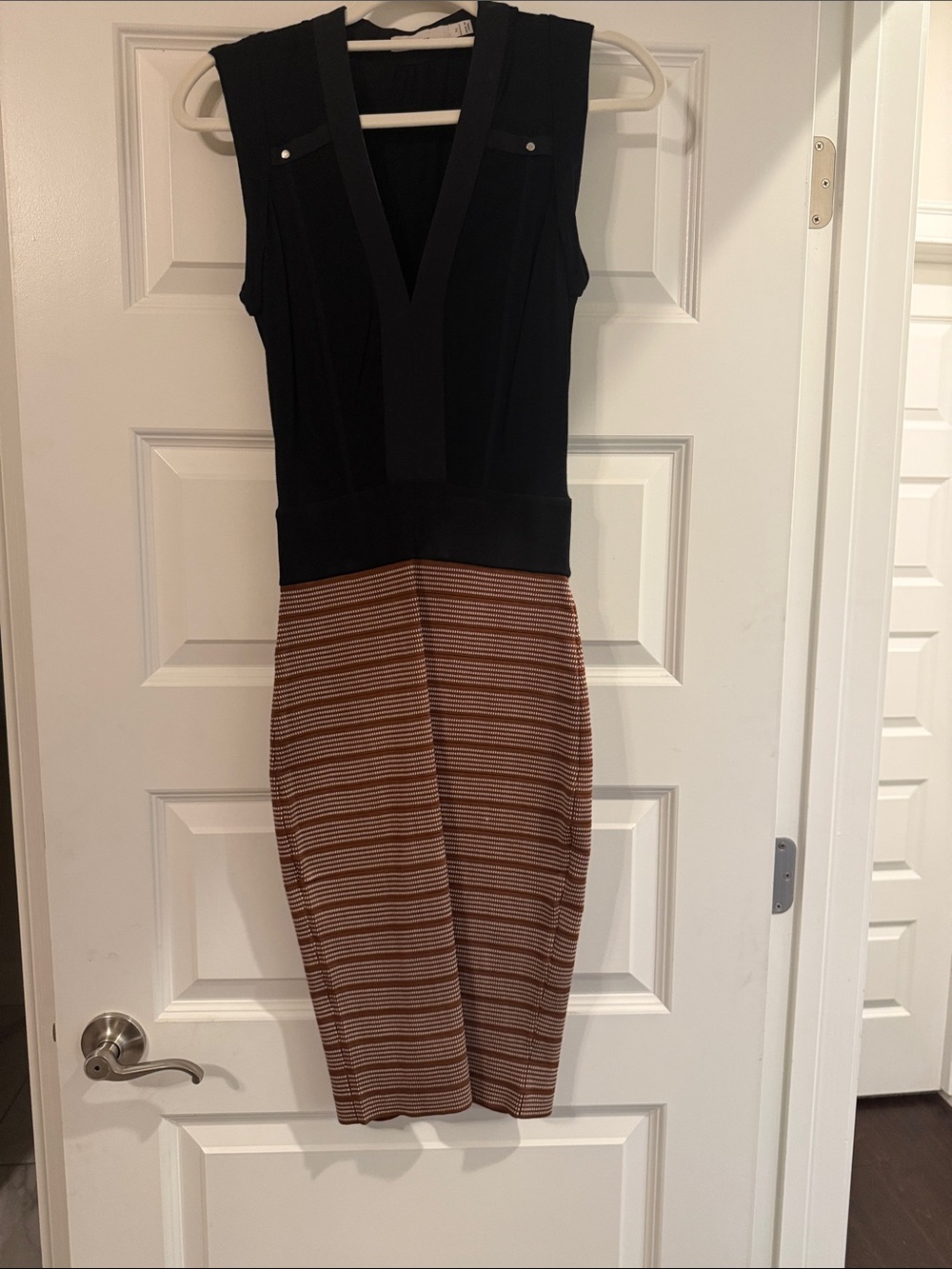Karen Millen Black Top with Brown Striped Knit Skirt Dress